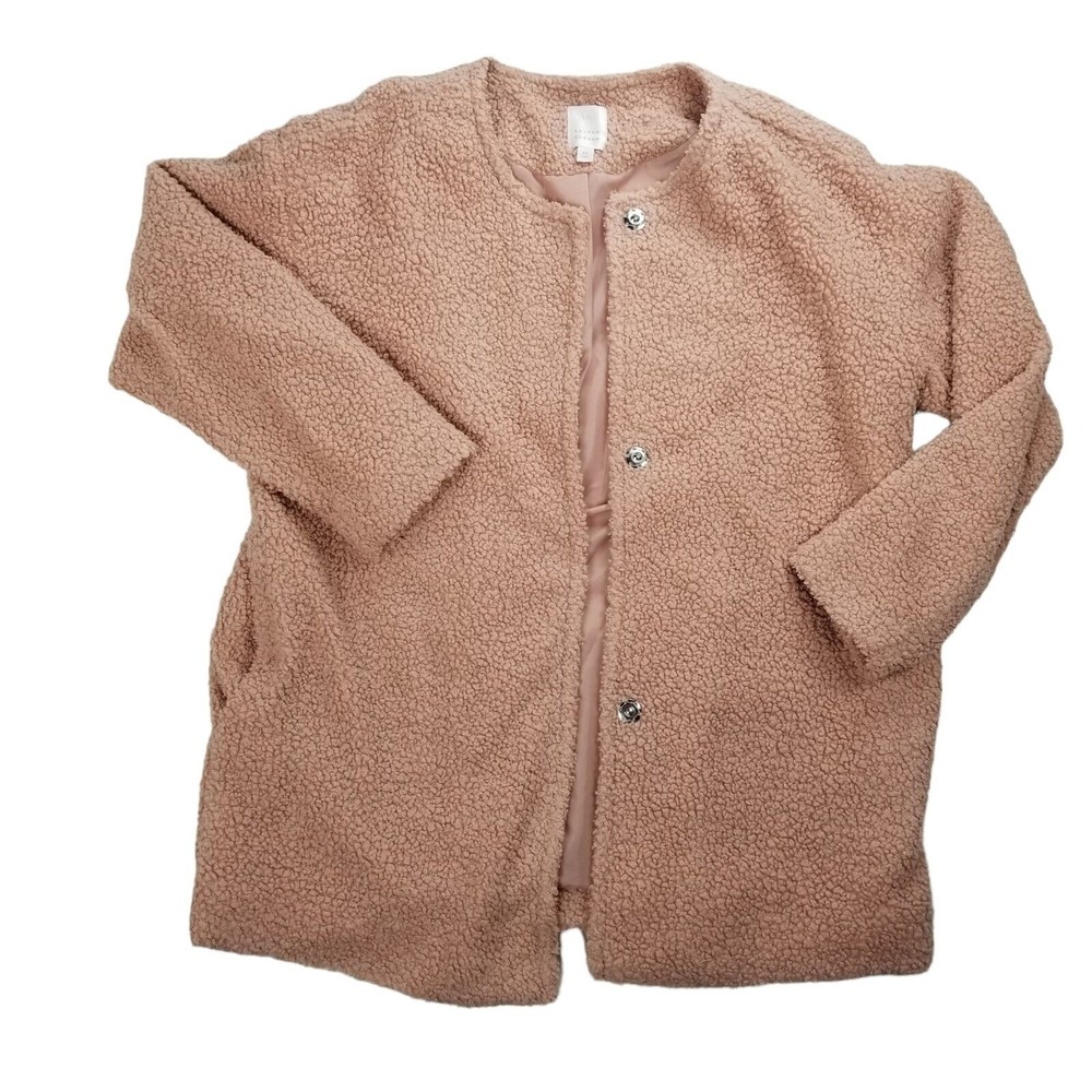 LC Lauren Conrad Sherpa Teddy Snap Jacket Women M Blush Pink Fully Lined Pockets - Picture 1 of 16